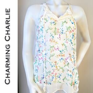 Charming Charlie Sleeveless Blouse White Floral Sheer V Neck Flowy Size Medium